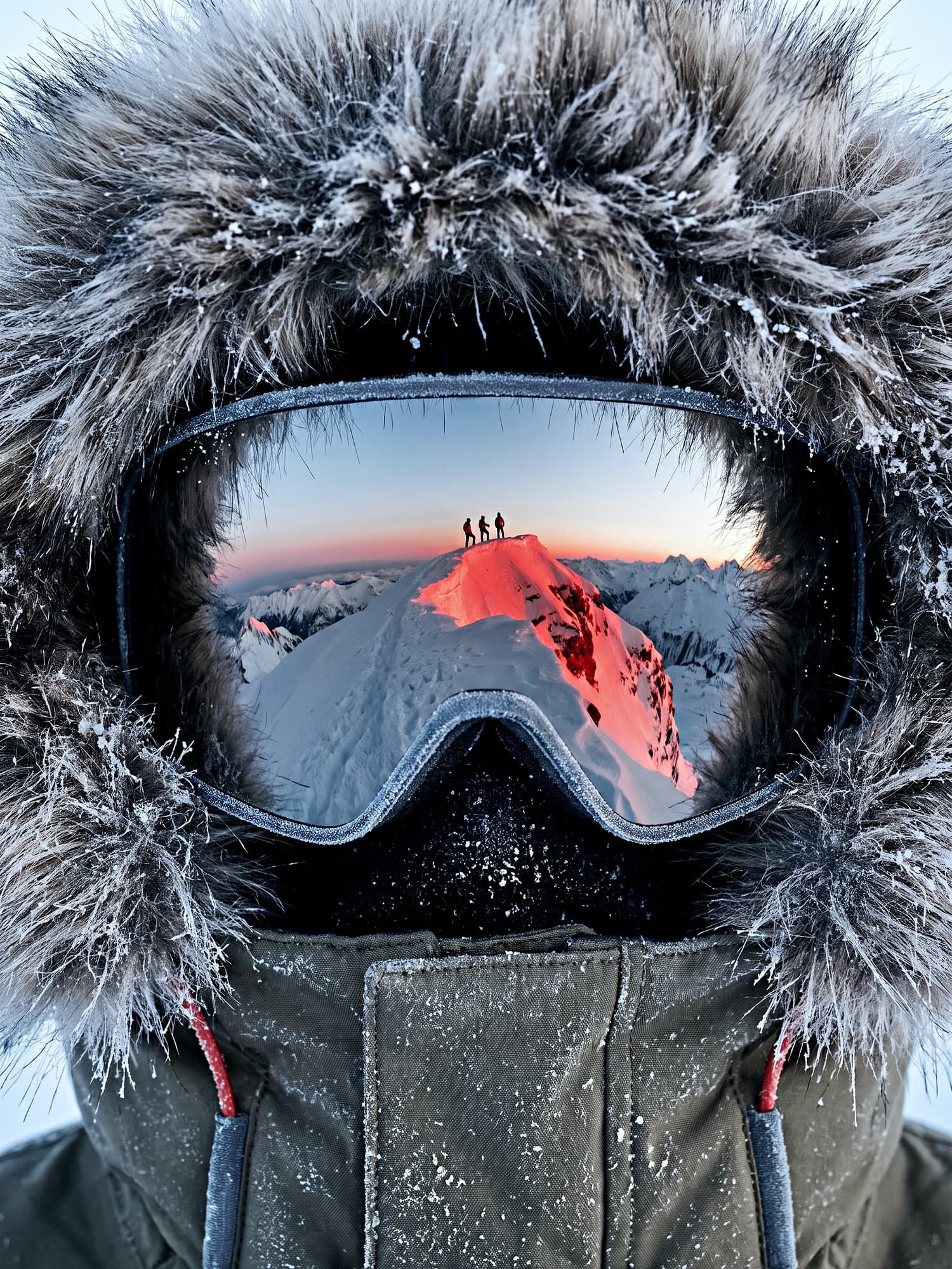 Close-up of a frosted fur hood and ski goggles reflecting three climbers on a sunlit snowy summit