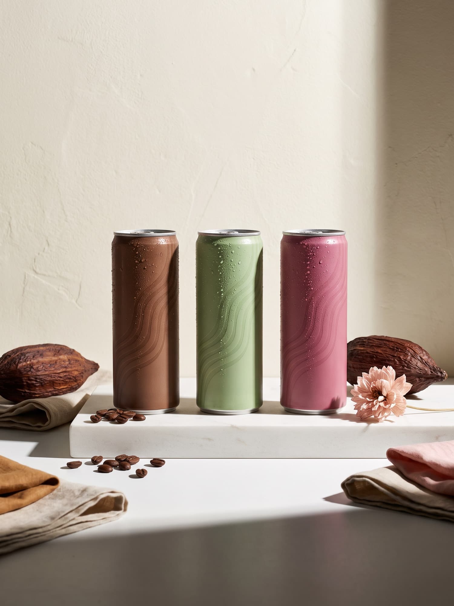 Three unbranded drink cans on a stone plinth